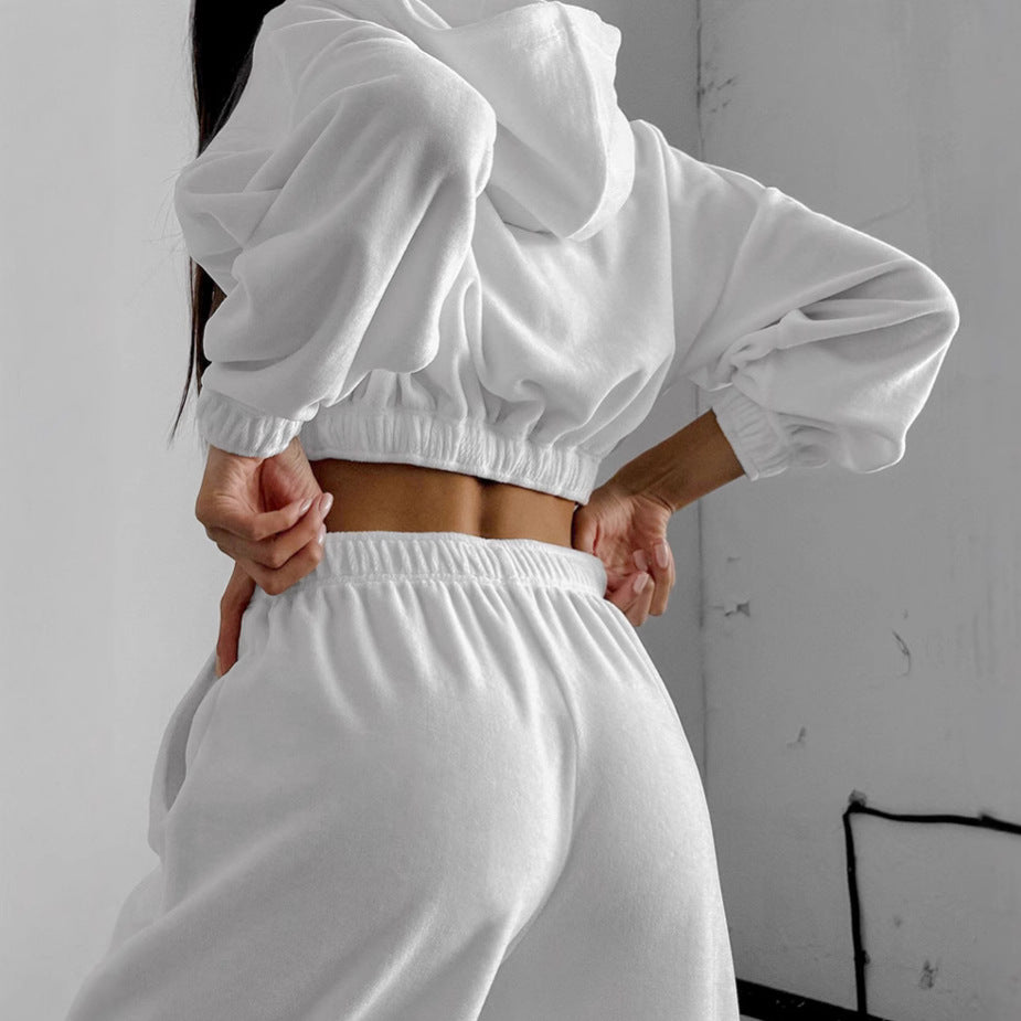 Advanced autumn and winter new white sports hooded sweatshirt and pants set