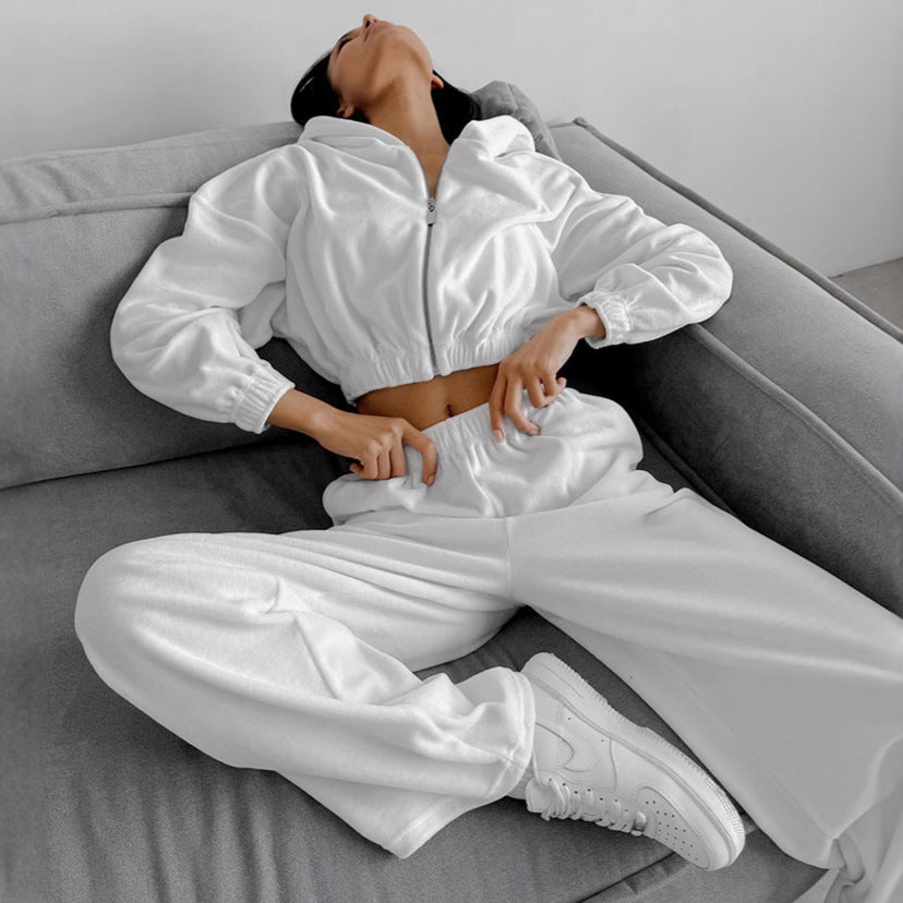 Advanced autumn and winter new white sports hooded sweatshirt and pants set