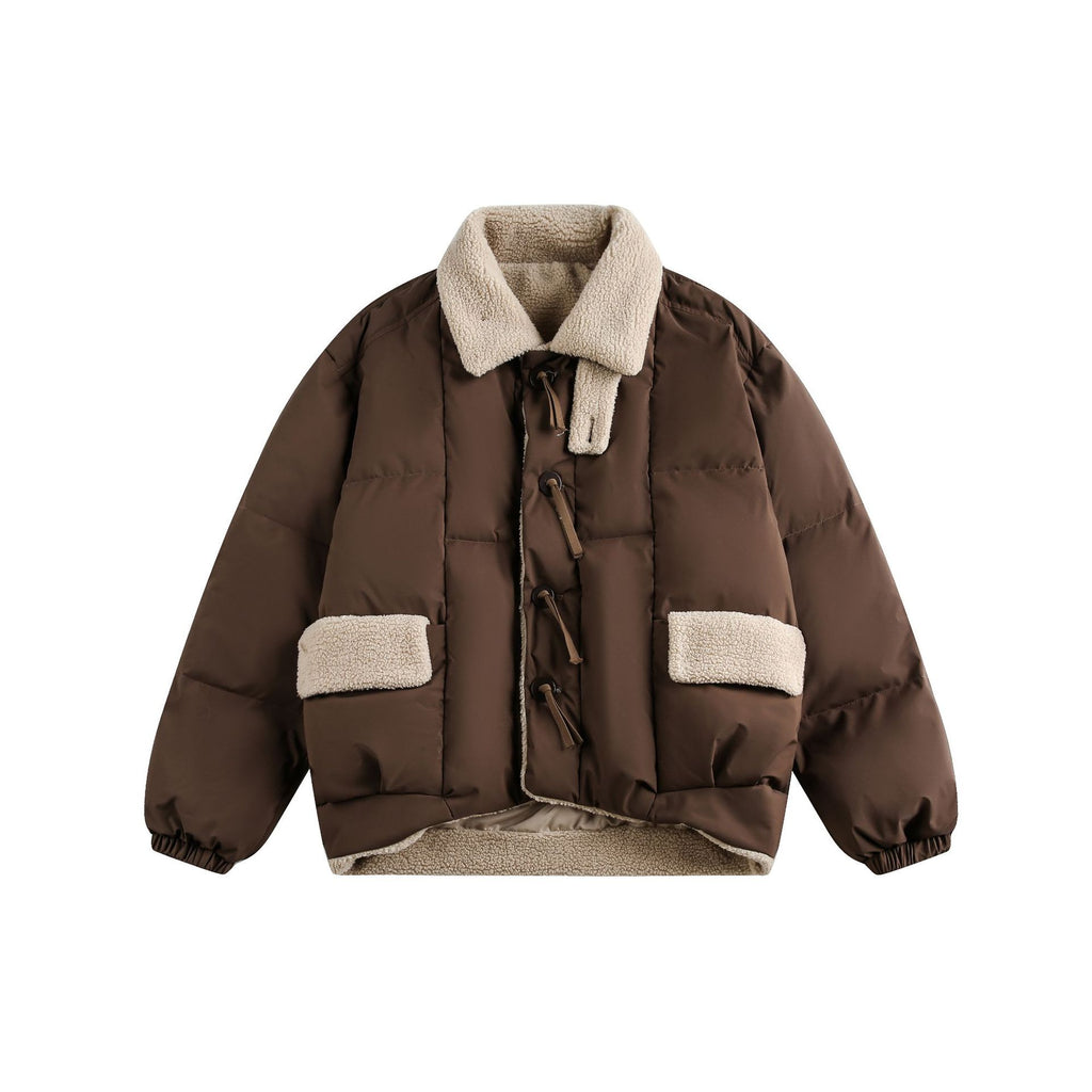 Lamb Fur Patchwork Retro Workwear White Duck Down Winter Jacket