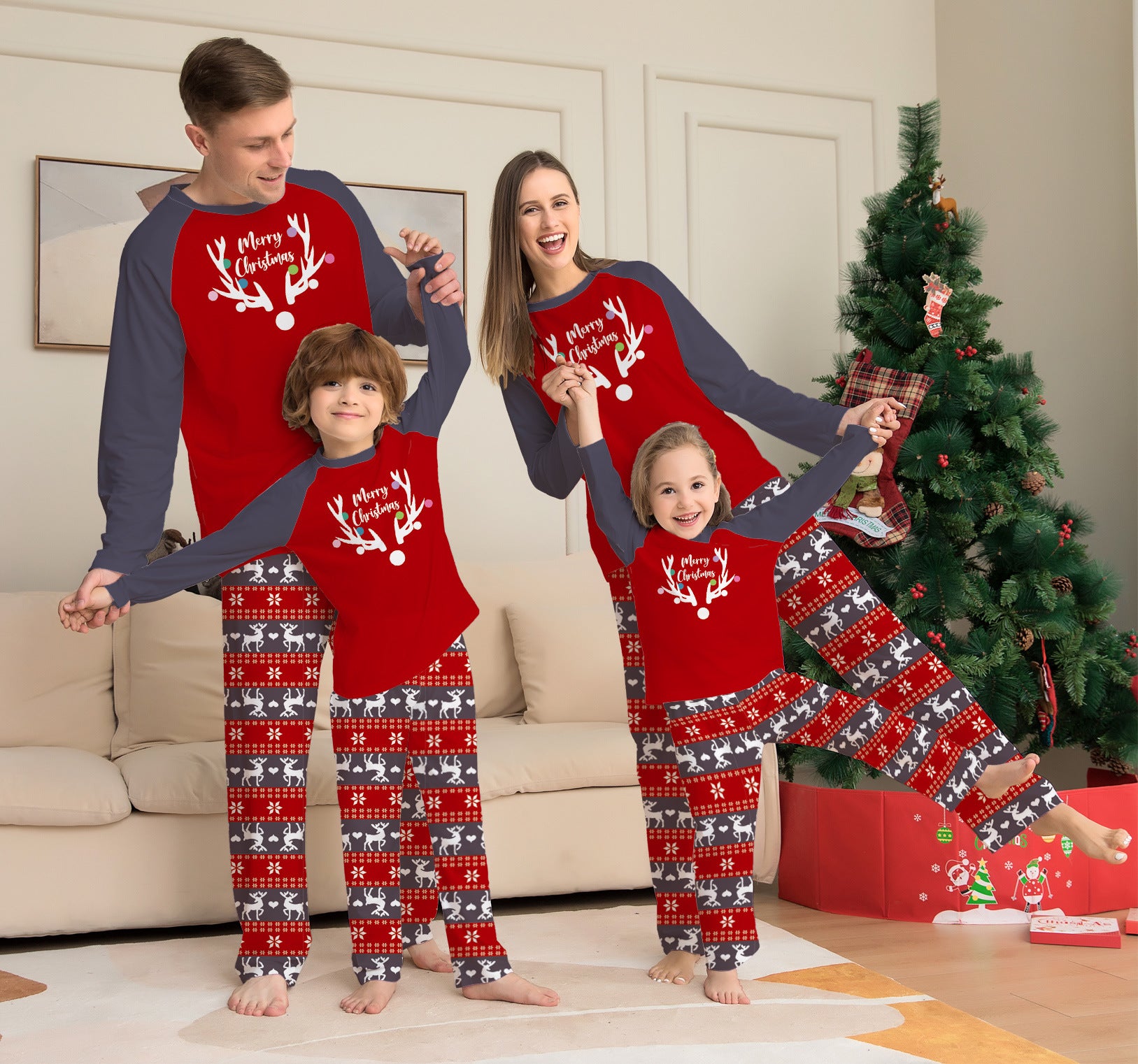 Christmas Deer Print Family Pajama Set Long Sleeve Halloween Loungewear Sleepwear