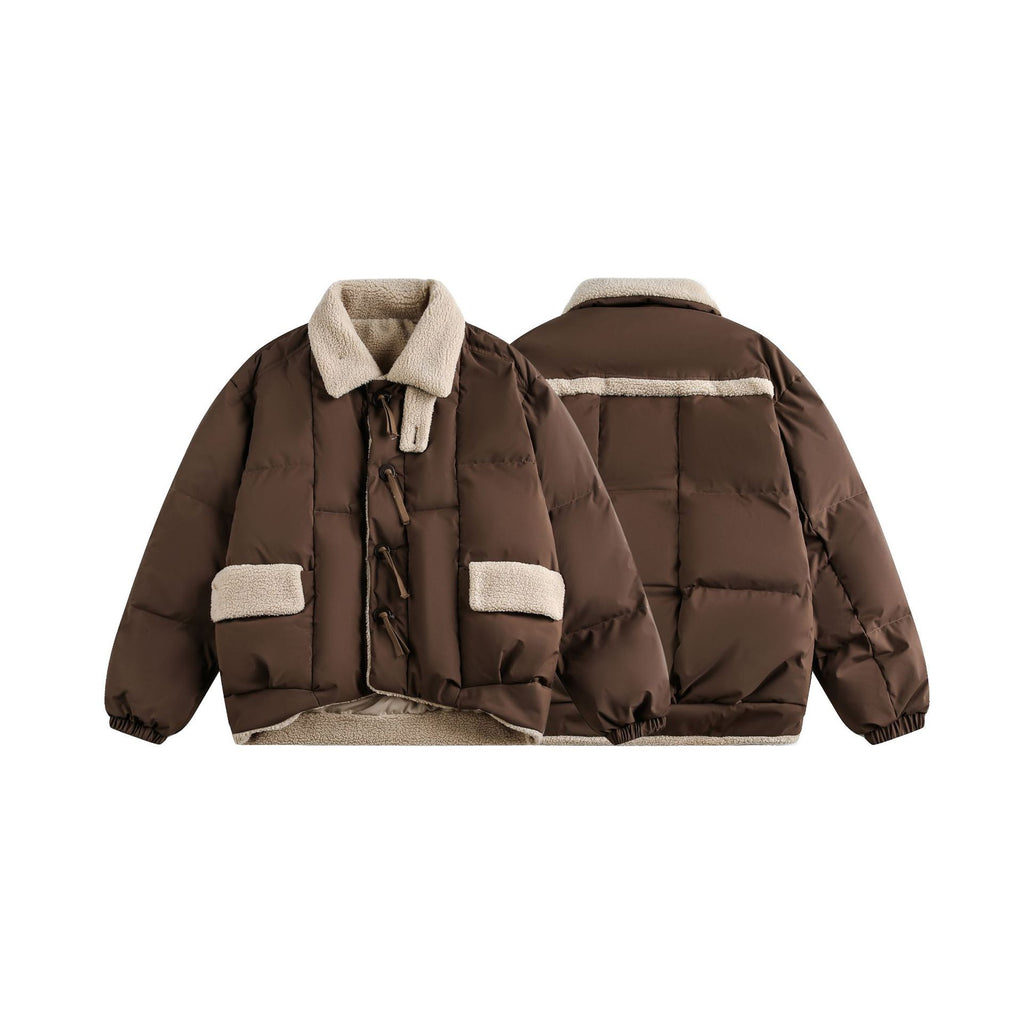 Lamb Fur Patchwork Retro Workwear White Duck Down Winter Jacket