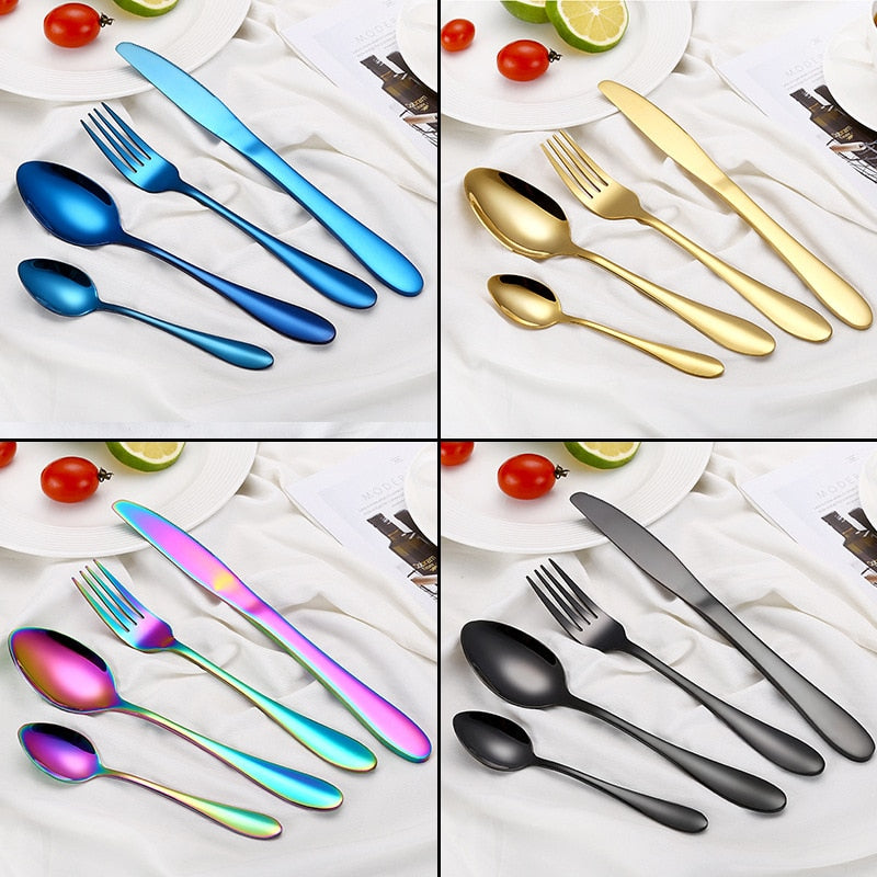 Multi-Colors Rainbow Cutlery Set Dinnerware Set Black Cutlery Kit Fork Knife Stainless Steel Silverware Home Tableware Set