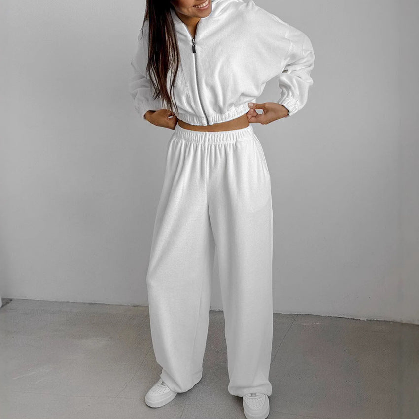 Advanced autumn and winter new white sports hooded sweatshirt and pants set